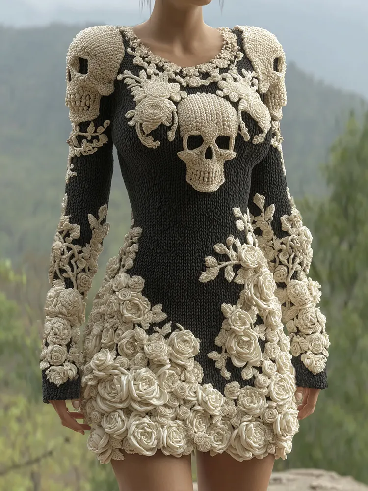 Women's Hot Sexy Style Halloween Skeleton Bones Leather With Rose Pattern Art Cozy Knit Mini Sweater Dress