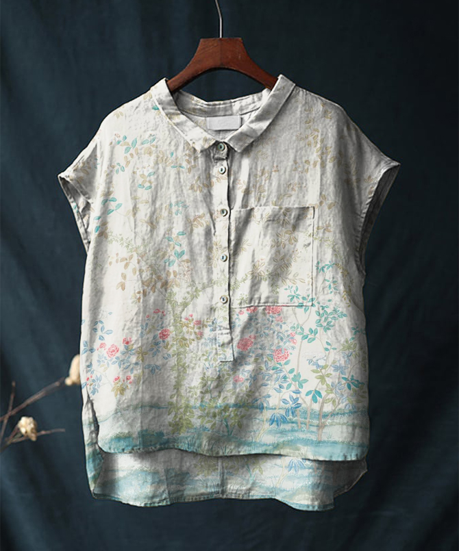 Vintage Floral Print Short-sleeved Cotton & Linen Shirt