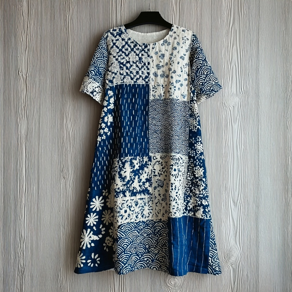 Vintage Japanese Inspired Patchwork Linen Midi Dress
