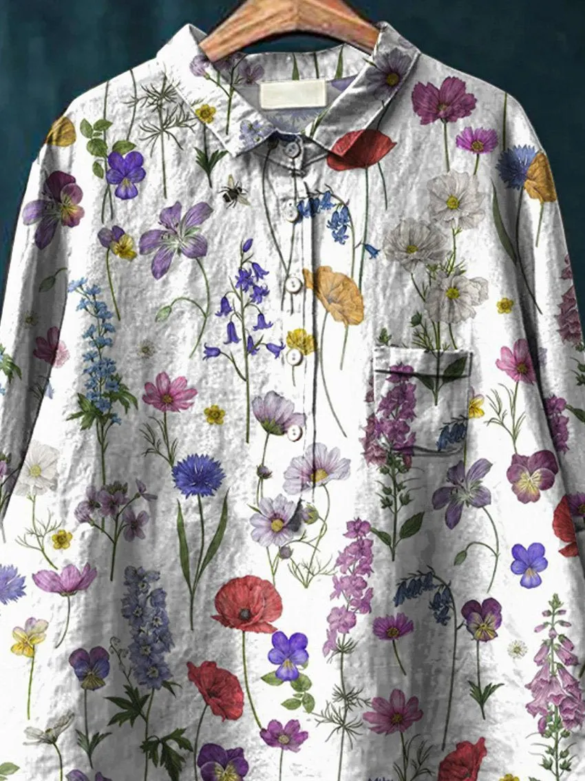 Spring Botanical Garden Pattern Printed Women's Casual Cotton & Linen Shirt