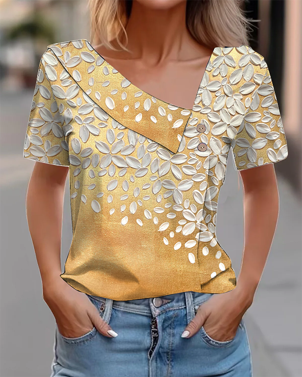 Vintage Art Floral Cotton Blend Short Sleeve Button Top