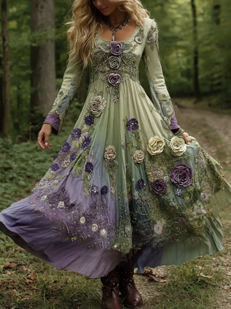 Vintage Classy Gradient Purple Lavender And Floral Embroidered Maxi Dress