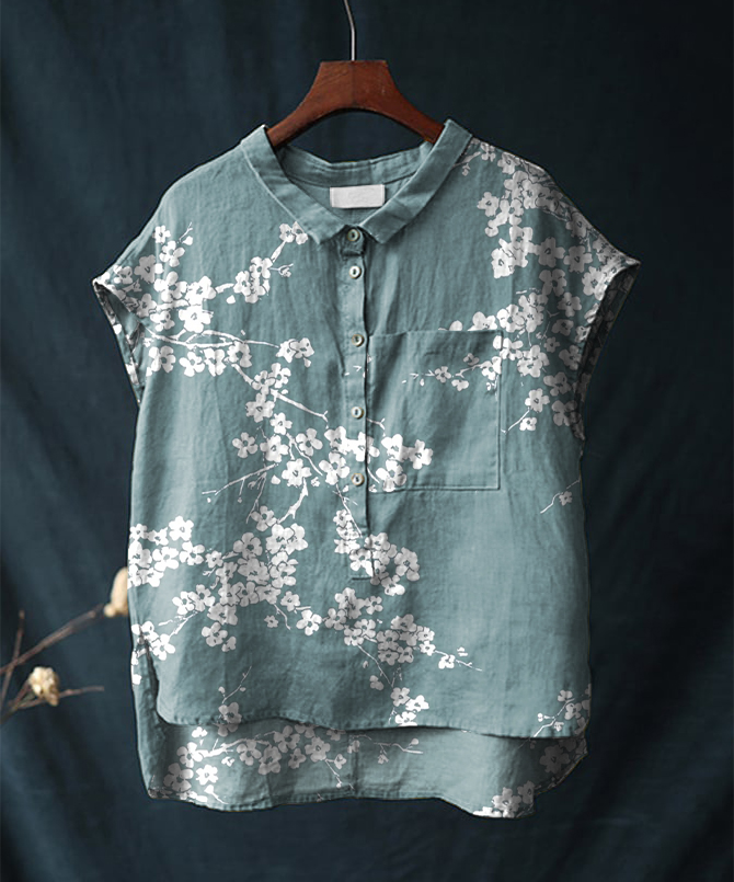Vintage Floral Print Short-sleeved Cotton & Linen Shirt