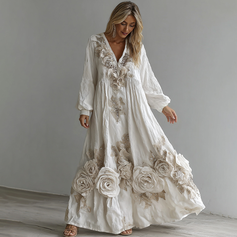 Women's Vintage Boho White Floral Lace Art Flowy Maxi Dress