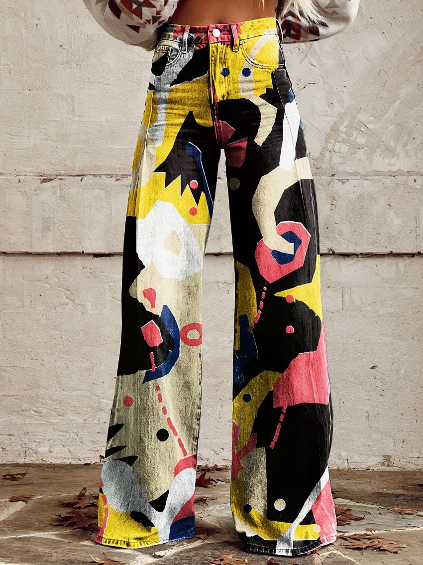 Vintage Print Casual Wide-Leg Pants