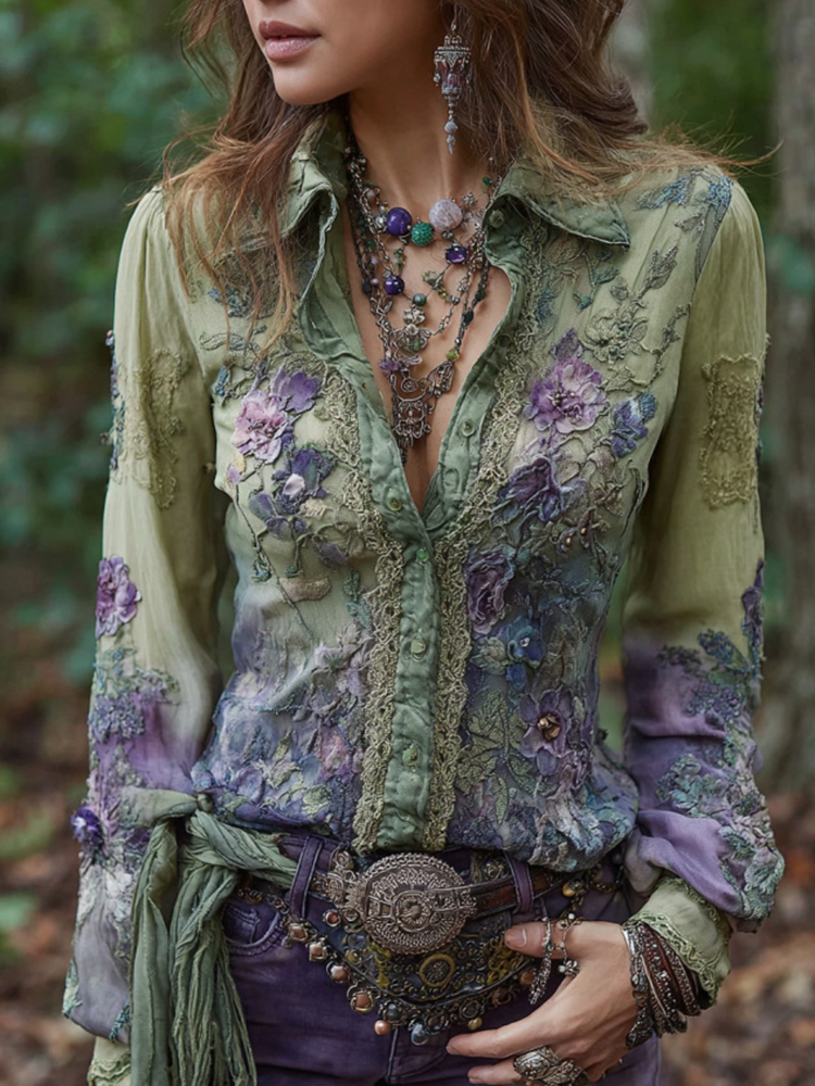 Vintage Purple Lavender And Floral Embroidered Shirt