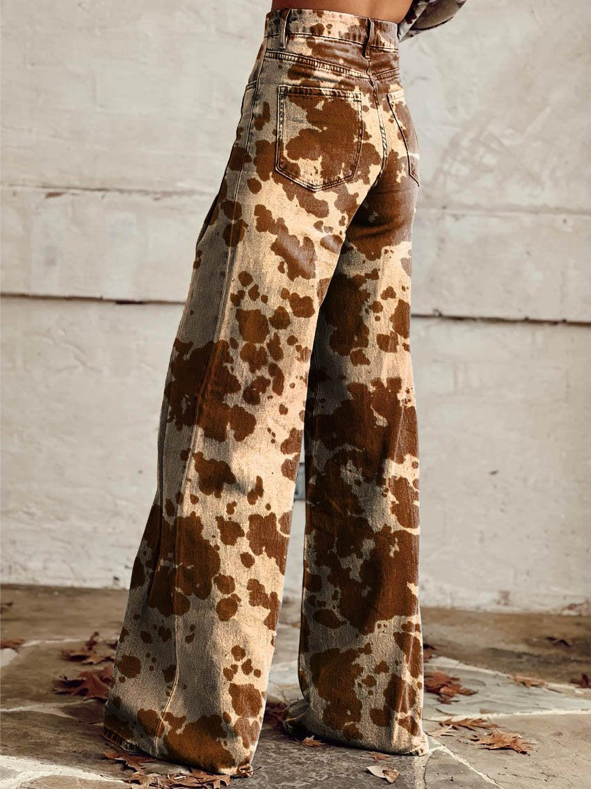 Brown Cow Texture Print Casual Wide-Leg Pants