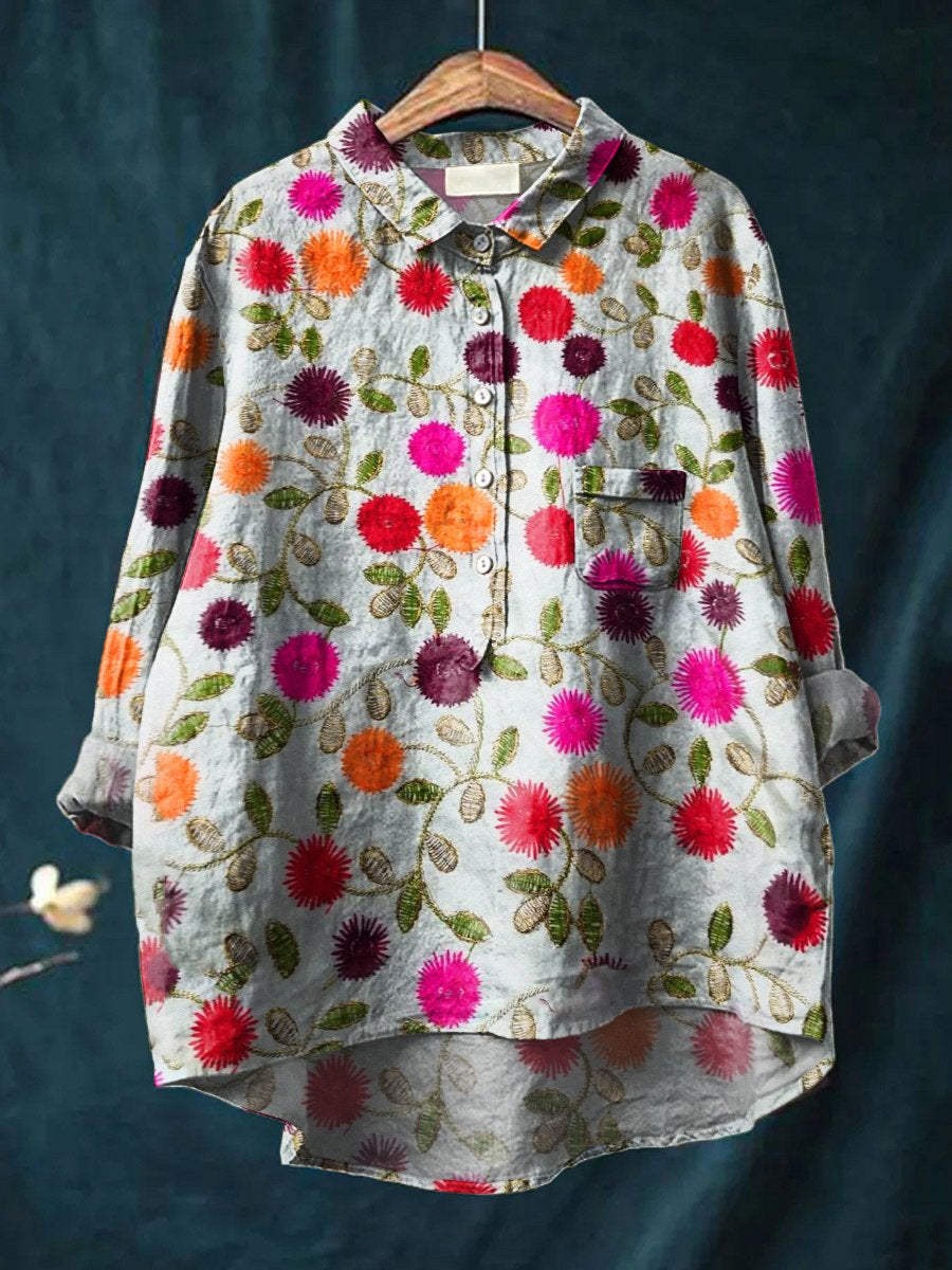 Floral Art Print Casual Cotton & Linen Shirt