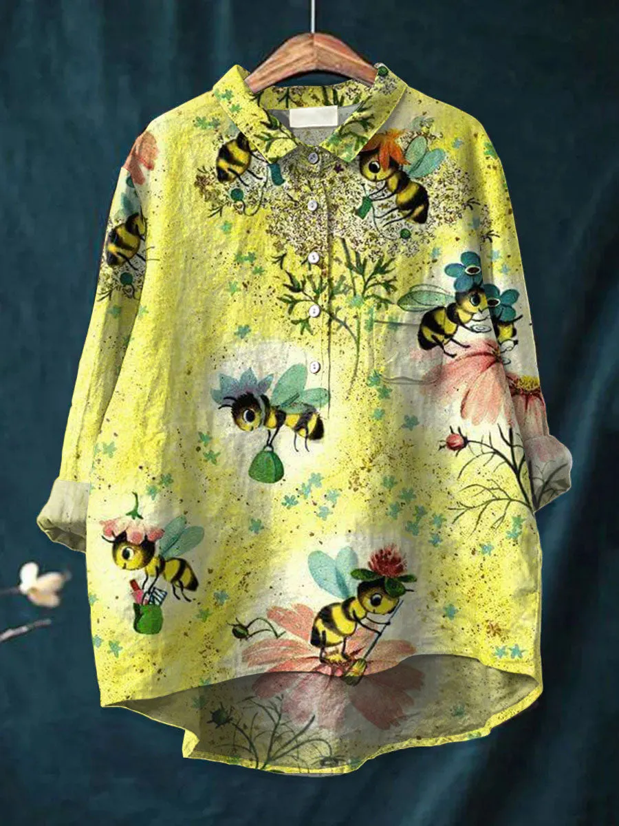 Funny Flower Bee Art Print Casual Cotton & Linen Shirt