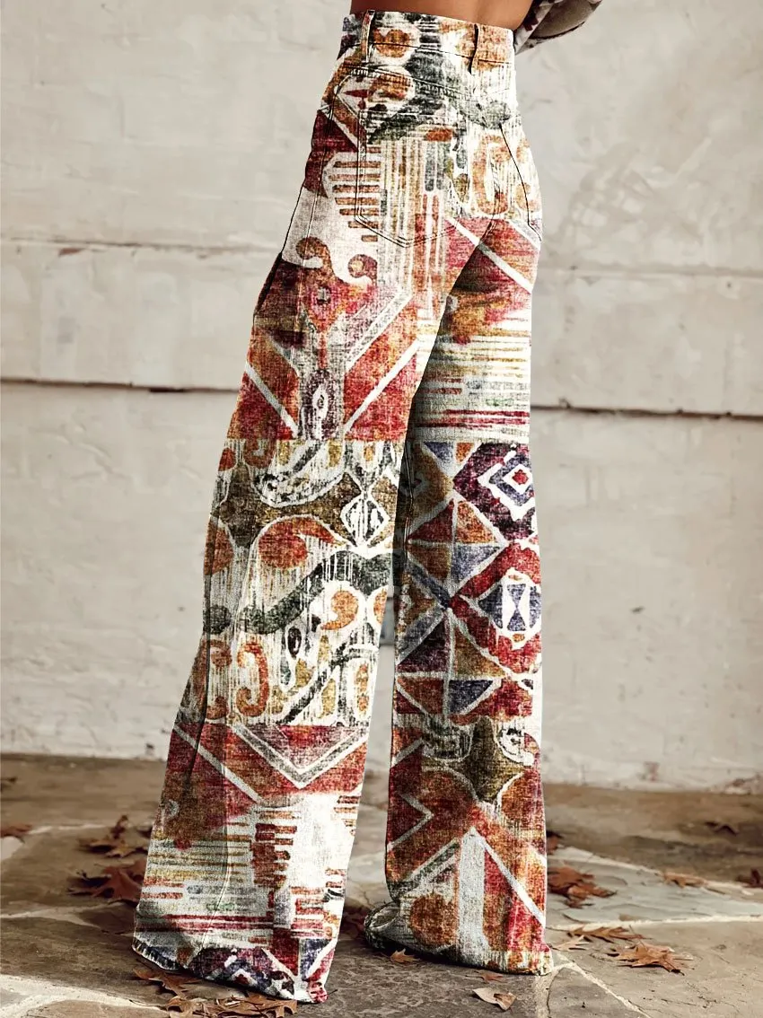 Vintage Print Casual Wide-Leg Pants