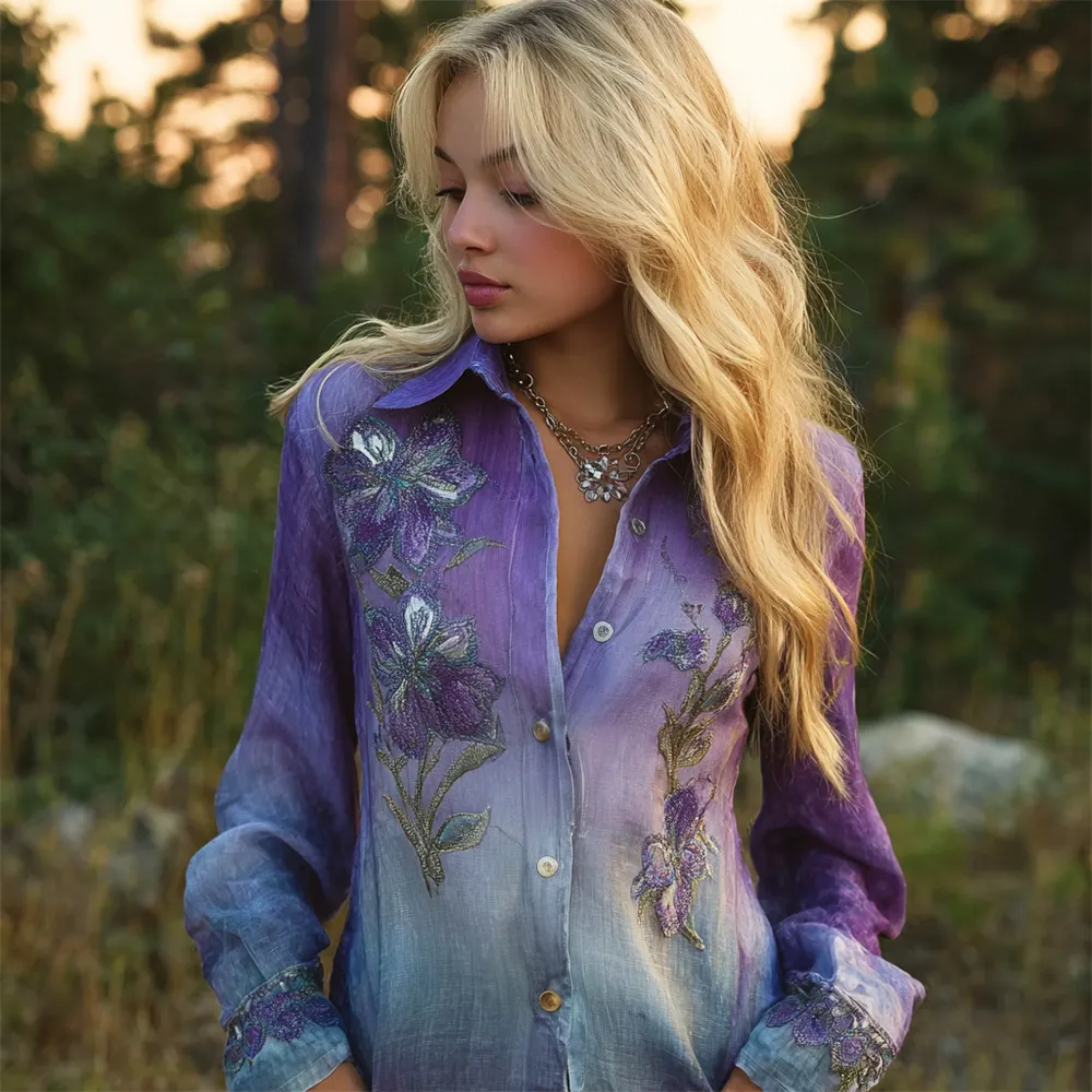 Boho Floral Sequin Embroidery Art Women's Linen Shirt