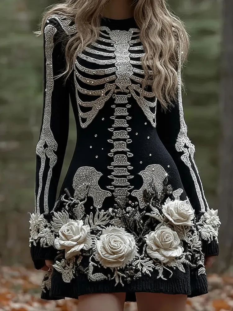 Women's Vintage Skull Rose Comfortable Elegant Sweater Dress
