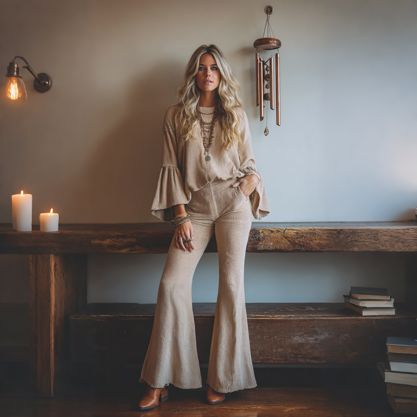 Elegant Lightweight Corduroy Flared Long-sleeved Top And Flared Trousers Set