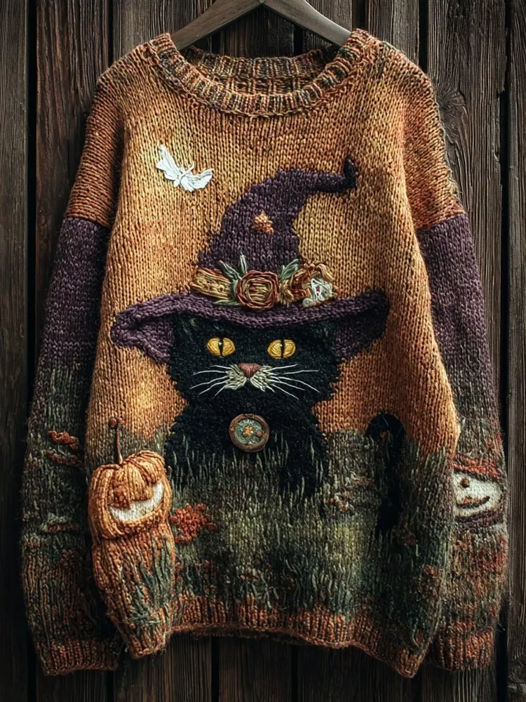 Halloween Witch Black Cat Vintage Cozy Knit Sweater