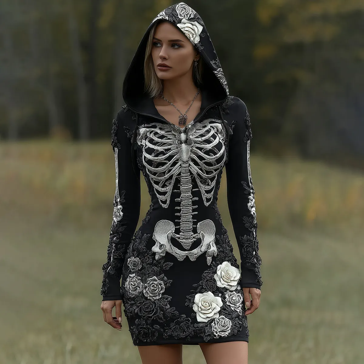 Women's Vintage Halloween Skeleton Bones With Rose Art Cozy Knit Hooded Sweater Dress