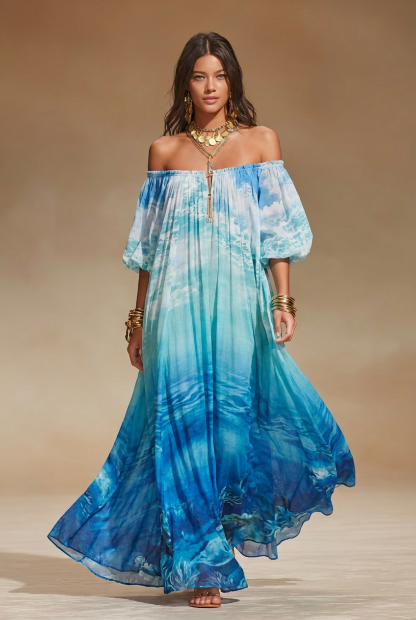 Off-Shoulder Ocean Print Maxi Dress