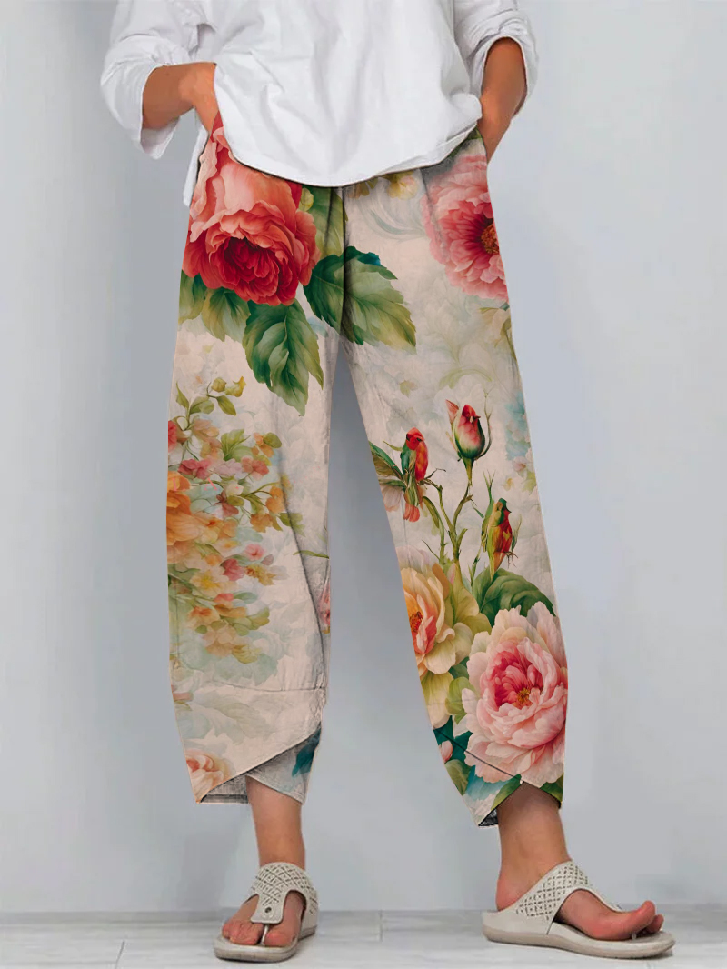 Vintage Floral Print Loose Cropped Pants