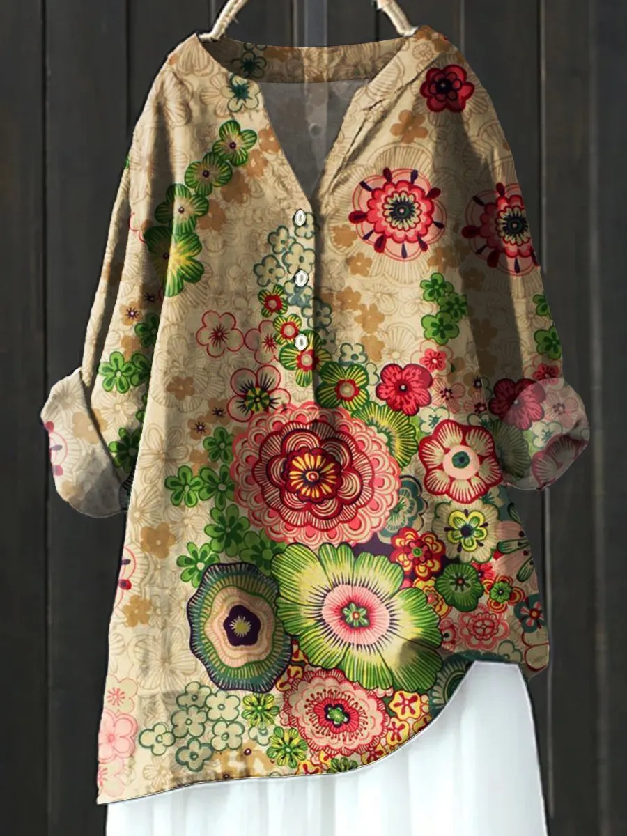 Floral Art Print Casual Cotton & Linen Shirt