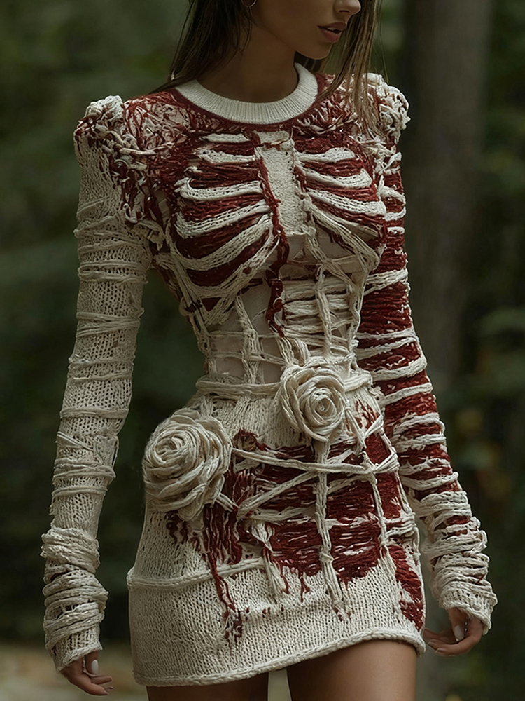 Women's Halloween Halloween Skeleton Bones Bandage With Rose Art Cozy Knit Mini Sweater Dress