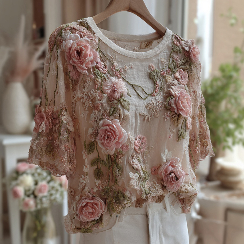 Women's Embroidered Floral Vine Short-sleeve Blend T-shirt