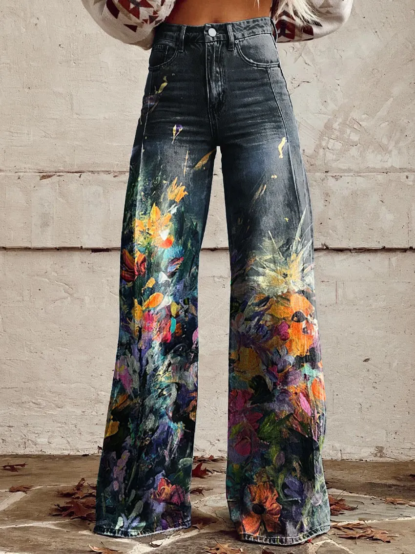 Floral Print Casual Wide-Leg Pants