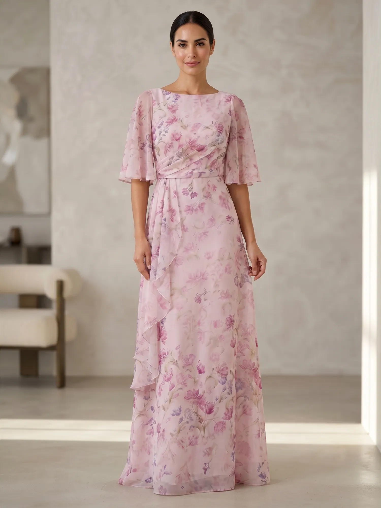 Blush Pink Bateau Neck Bell Sleeve Floral Chiffon A-line Maxi Dress