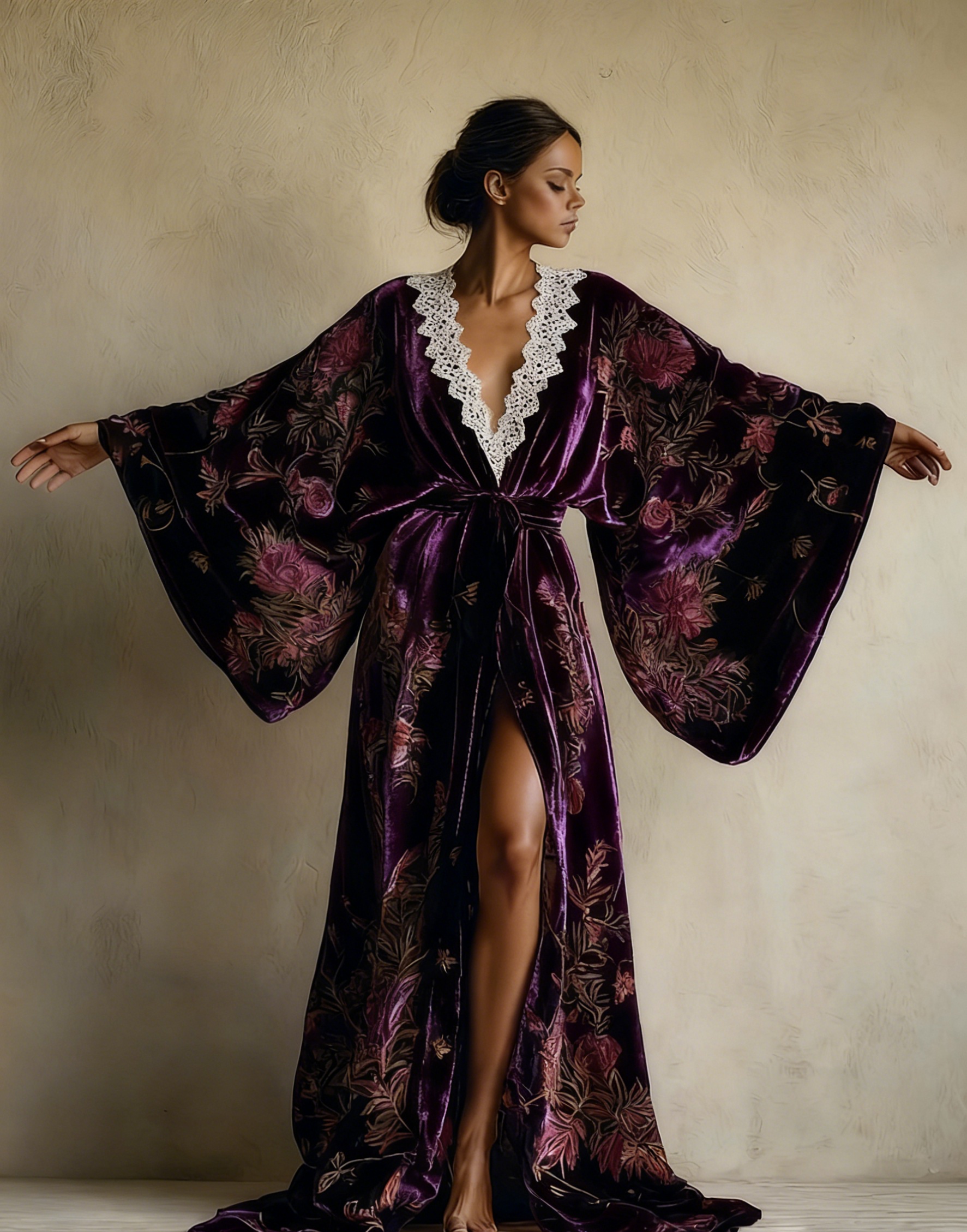 Abstract  Art Print Kimono Long Gown Plush Lace Robe With Belt