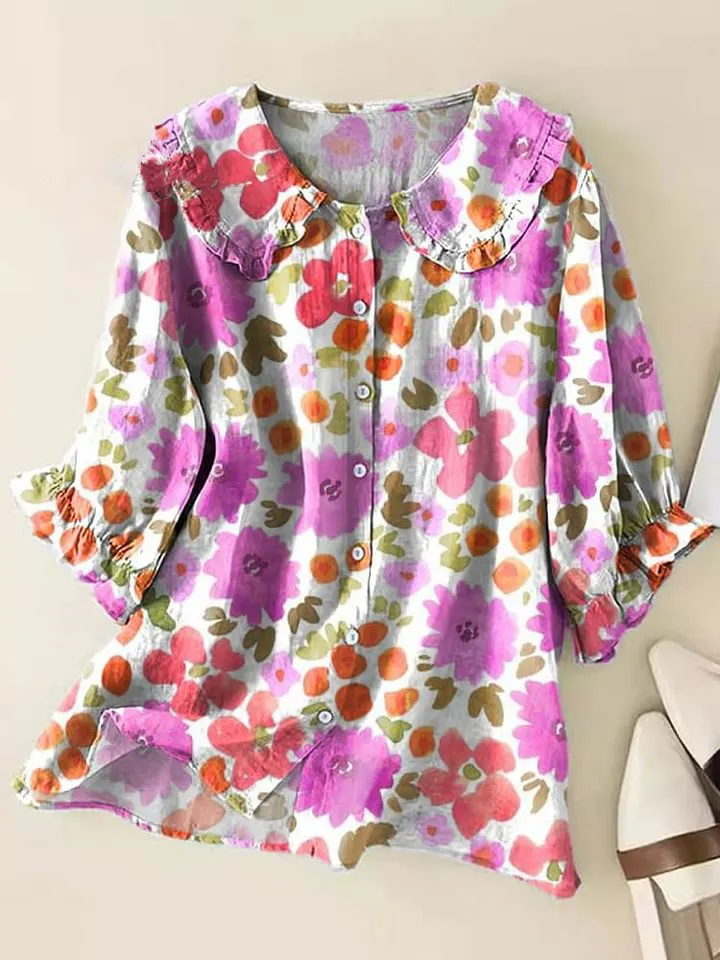 Vintage Floral Art Print Loose Top Peter Pan Collar Half Sleeve Blouses
