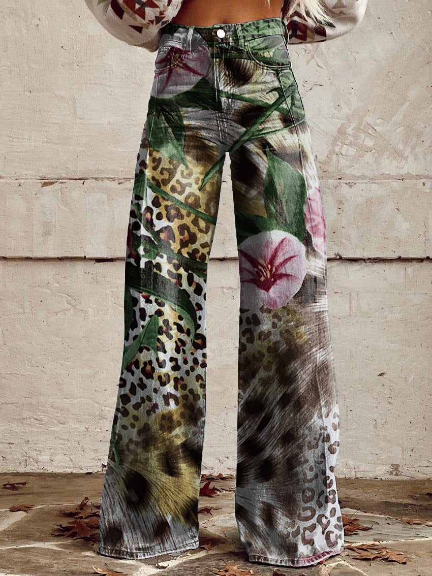Vintage Floral Print Casual Wide-Leg Pants