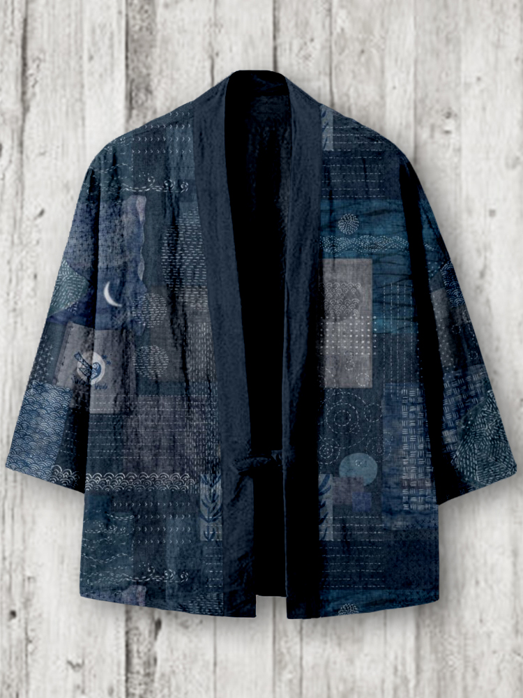 Vintage Japanese Sashiko Patterns Linen Blend Kimono Cardigan