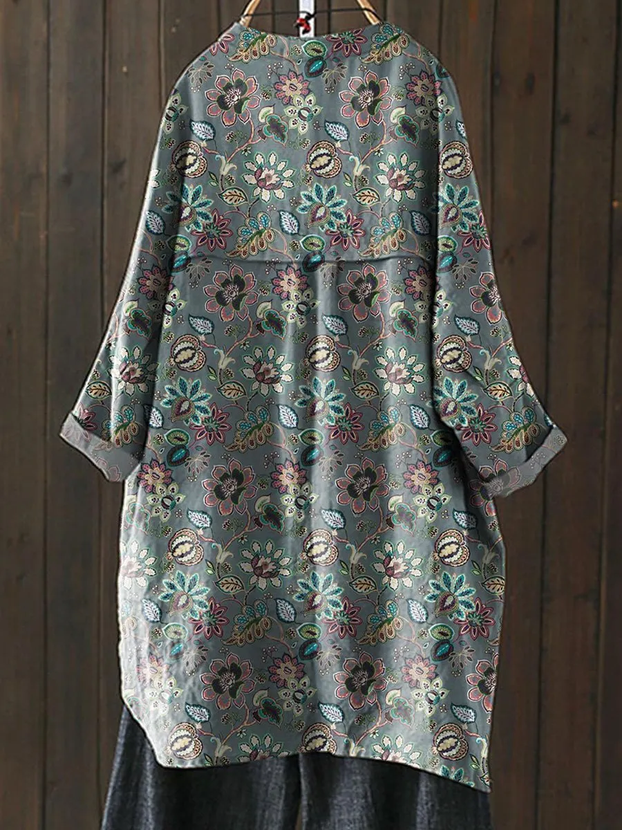 Vintage Botanical Floral Pattern Printed Women's Loose Casual Top Jacket