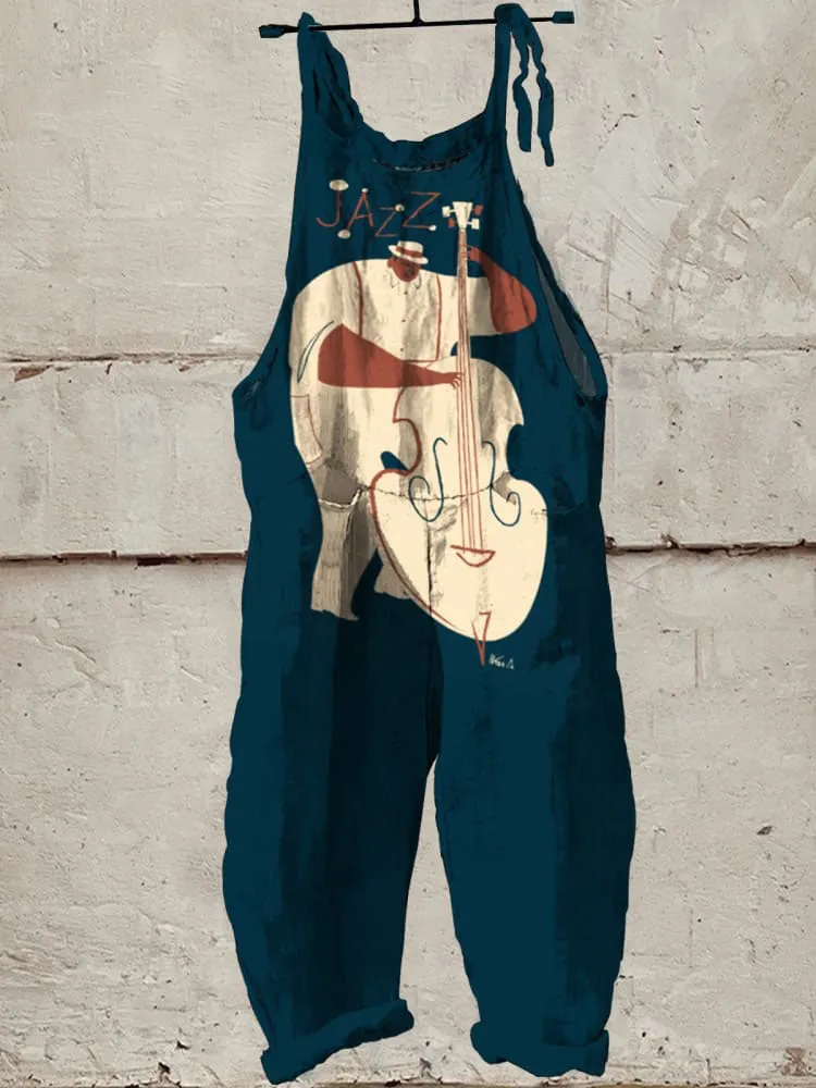 Decorative Pattern of Jazz Cellist Playing Casual Wide-Leg Jumpsuit