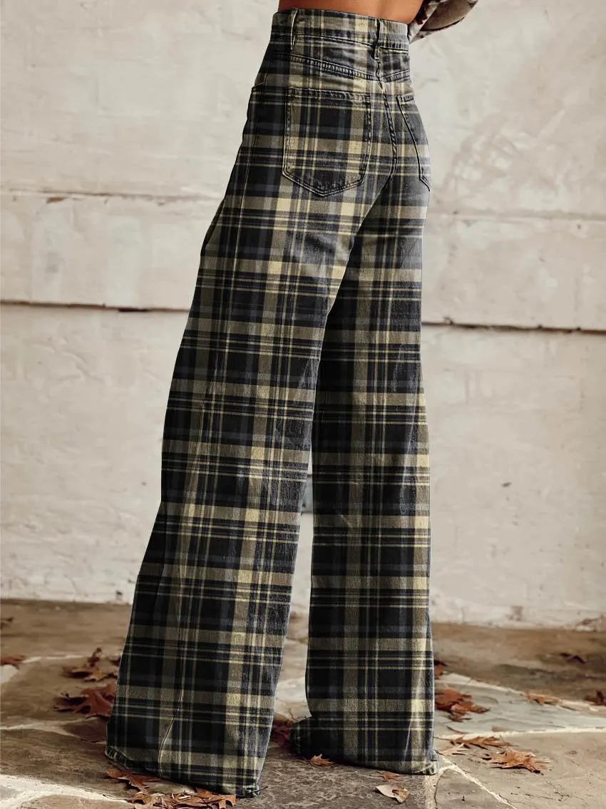 Yellow Black Check Print Casual Wide-Leg Pants