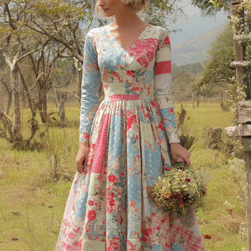 Vintage Floral Art Women's Long Sleeve Maxi V-neck Dress