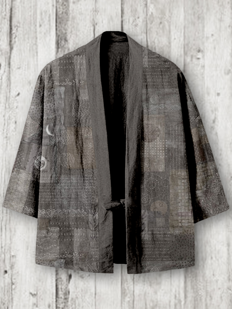 Vintage Japanese Sashiko Patterns Linen Blend Kimono Cardigan