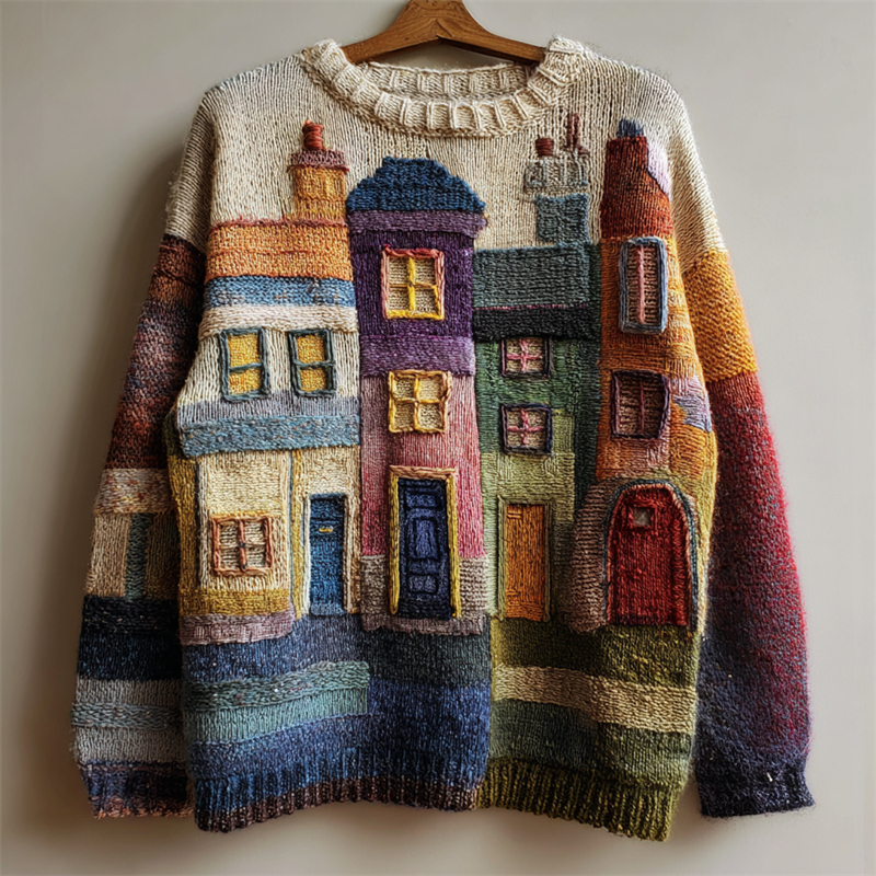 Street Buildings Colorblock Crochet Cozy Knit Sweater