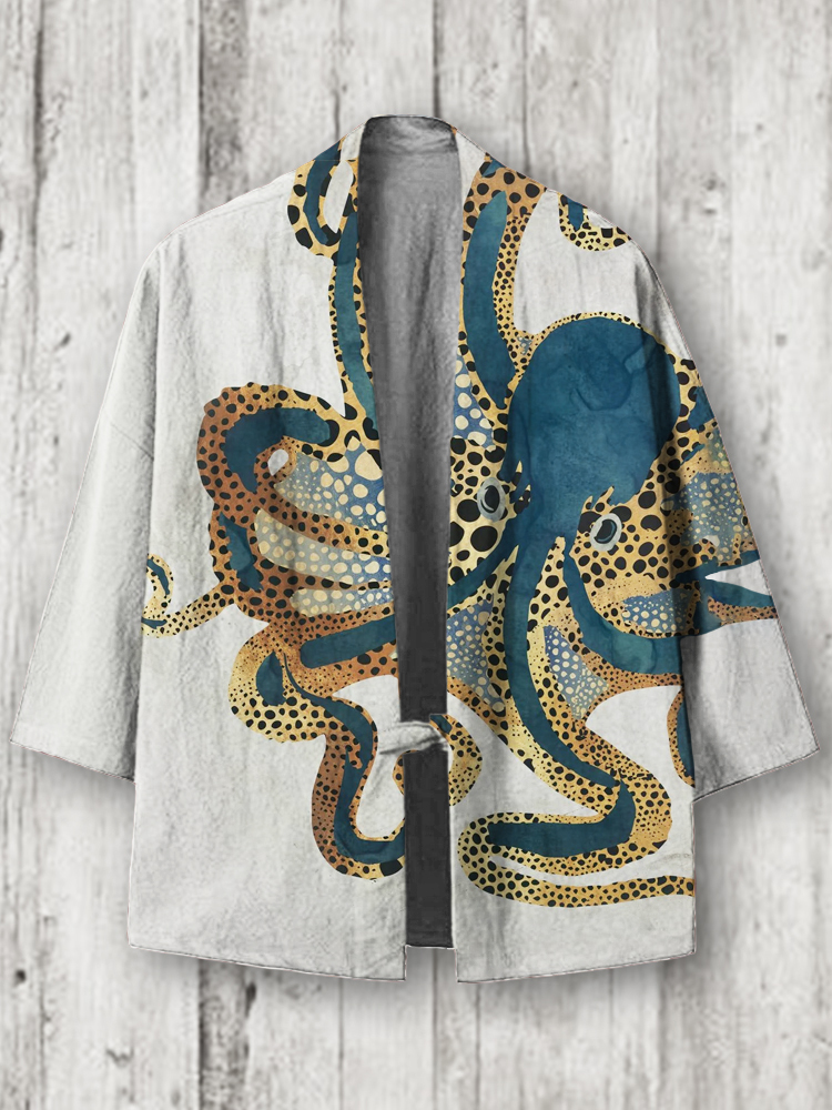 Octopus Japanese Art Linen Blend Kimono Cardigan