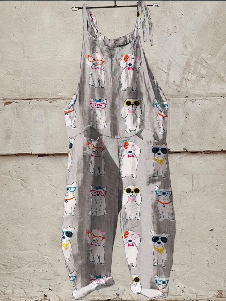 Dog Art Print Casual Wide-Leg Jumpsuit