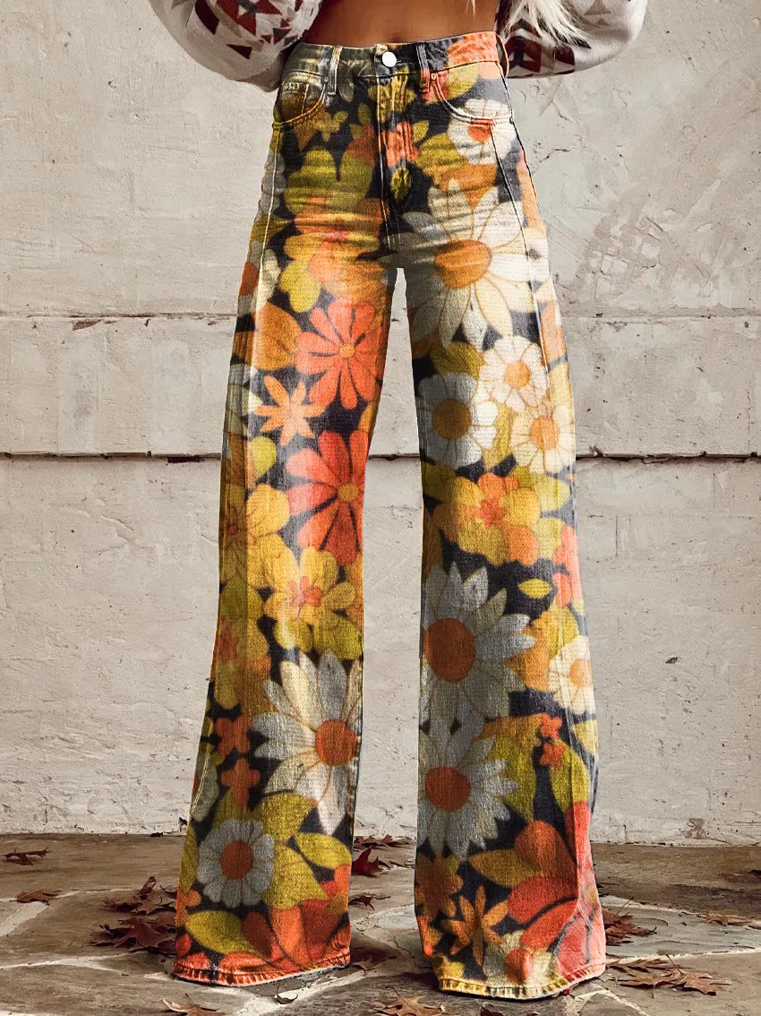Vintage Daisy Art Casual Wide-Leg Pants