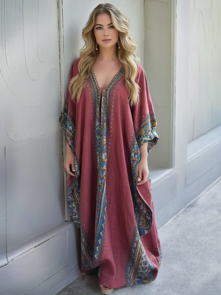 Cotton & Linen Long Sleeve Kaftan Maxi Dress