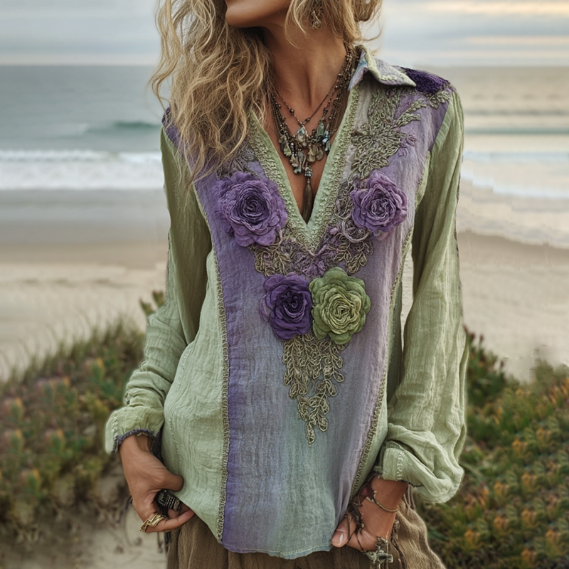 Vintage Purple Lavender And Floral Embroidered V Neck Long Sleeve Shirt