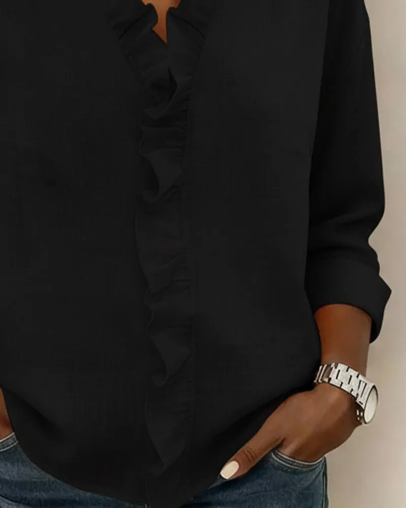 Ruffled Blouse with V-Neck & Long Sleeves