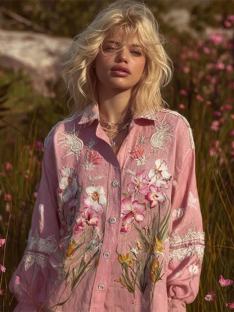 Boho Butterfly Orchid Floral Embroidery Vintage Women's Linen Shirt