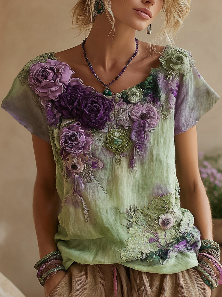 Vintage Boho Purple Floral Embroidered Short Sleeve T-shirt