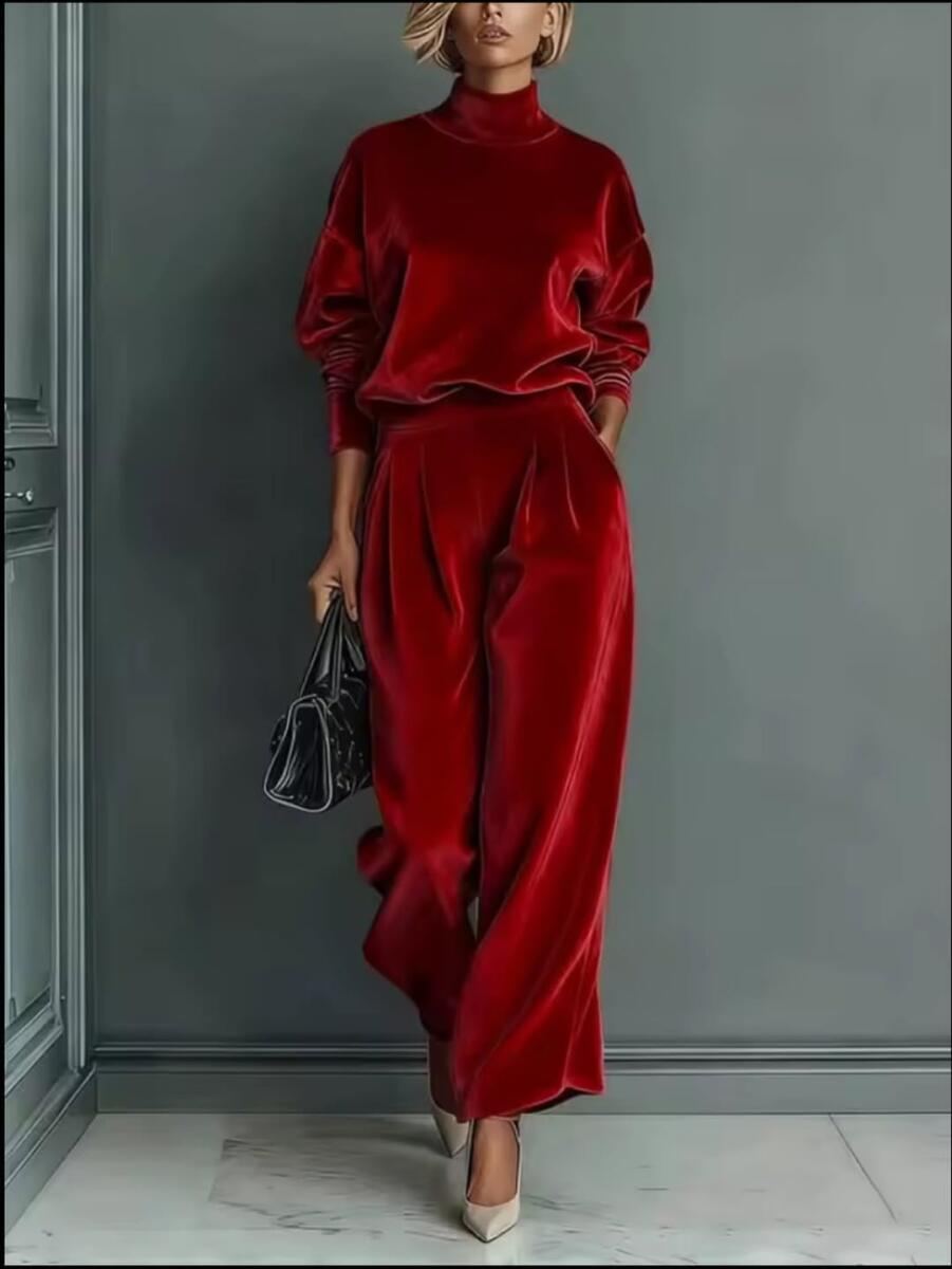 High-Neck Velvet Top & High-Waist Wide-Leg Pants Set – Relaxed Luxury Casual Set