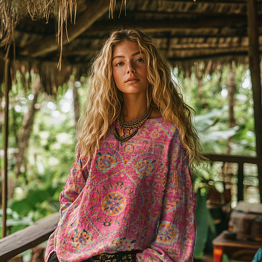 Vintage Ethnic Floral Print Cotton & Linen Blend Loose Top