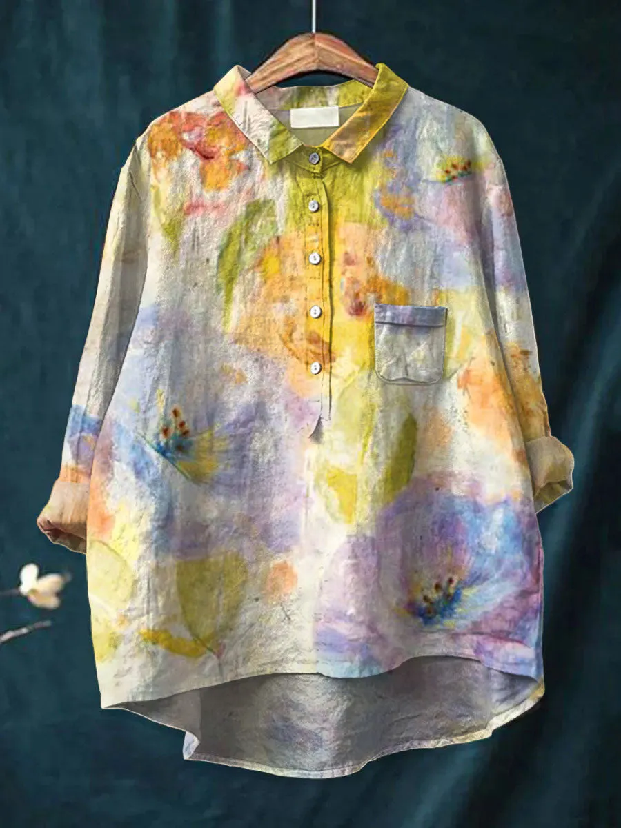 Vintage Flower Art Print Casual Cotton & Linen Shirt