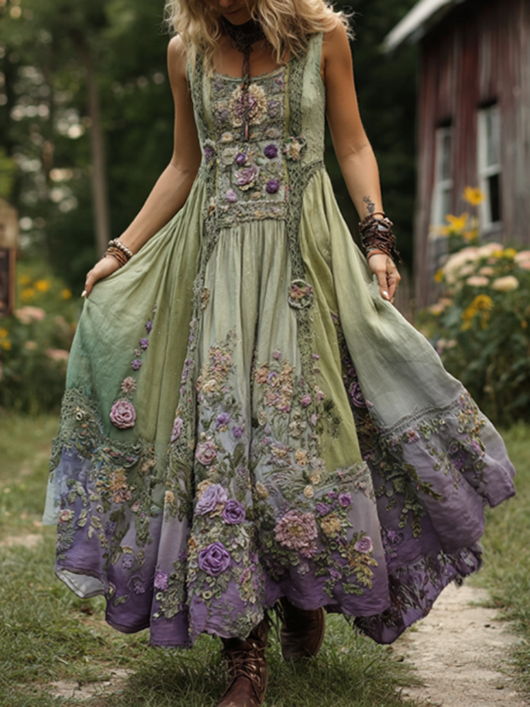 Classy Gradient Purple Lavender & Floral Embroidered Linen Maxi Dress