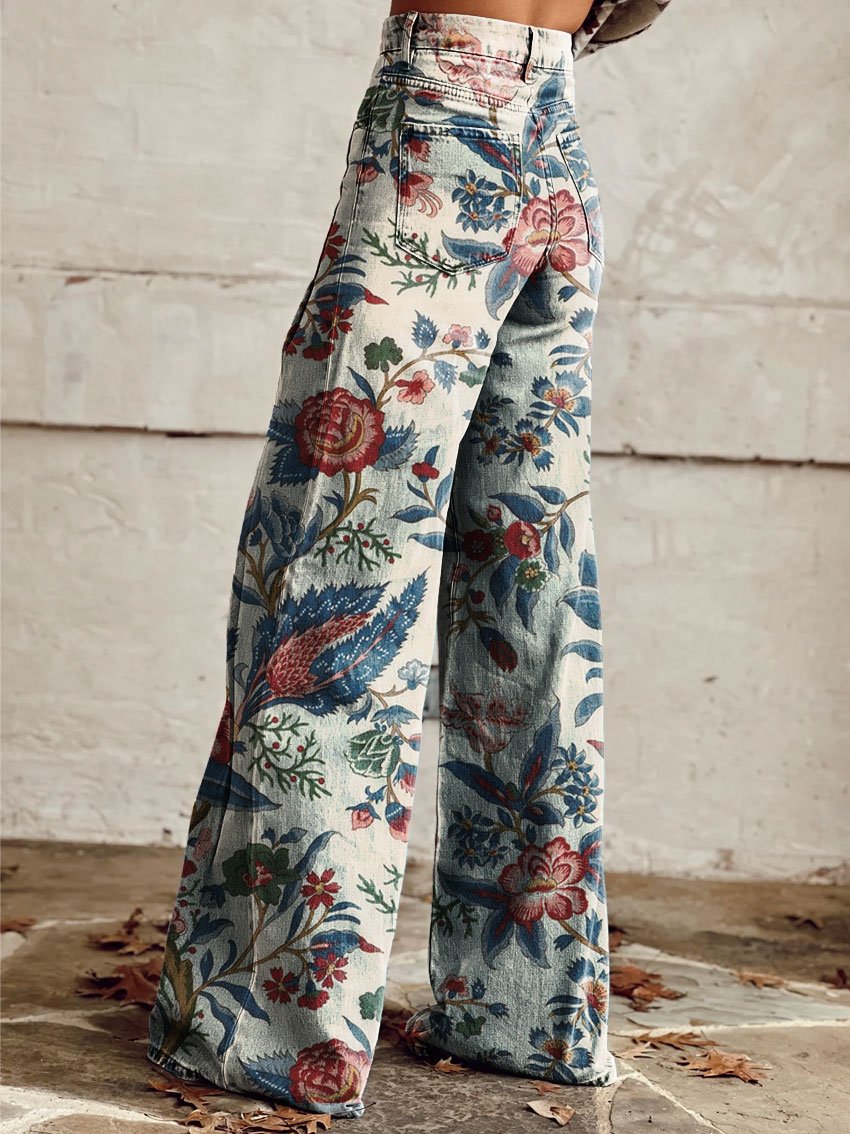 Vintage Print Casual Wide-Leg Pants