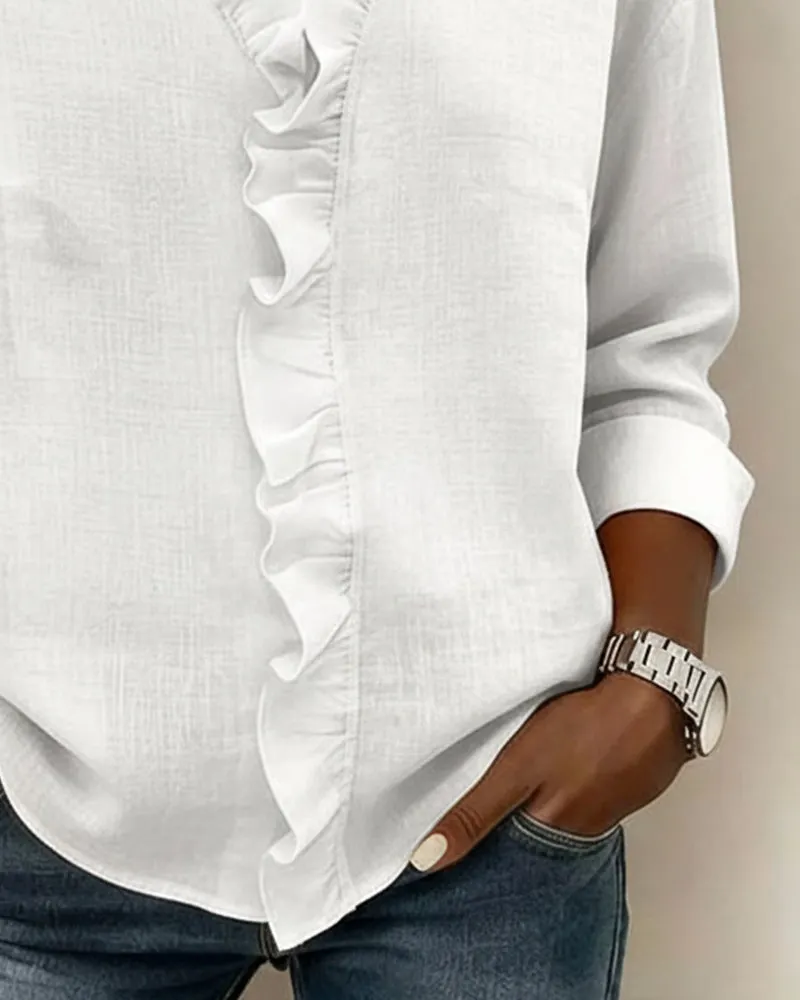Ruffled Blouse with V-Neck & Long Sleeves